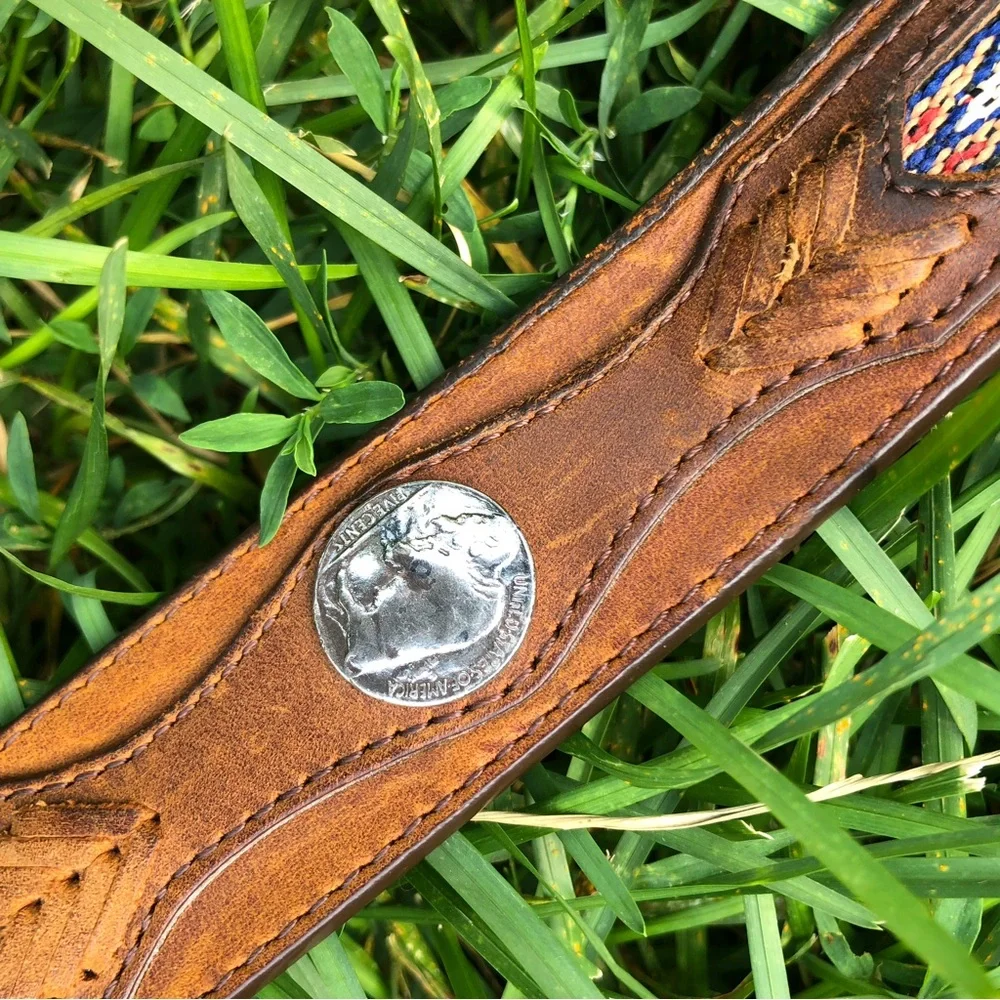 Orvis Brown Leather Belt with Southwestern Inlay and Silver Buckle